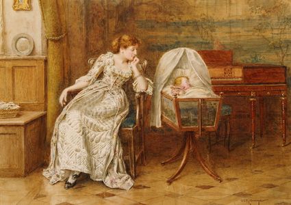 An Interior with a Mother and Child (pencil & watercolour with touches of white on paper)