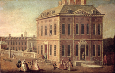 View of Ranelagh House and Gardens, and the Chelsea Hospital, with figures walking in the foreground (oil on canvas)