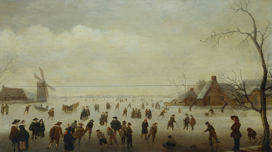 Winter landscape with numerous skaters, golf players and peasants on frozen waterways (oil on panel)