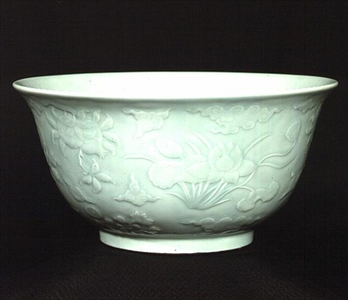 Celadon glazed bowl moulded on the exterior, Yung Cheng mark (1723-35)
