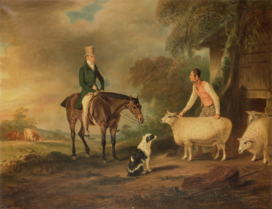 Sir John Palmer on his favourite mare with shepherd Joseph Green and prize Leicester Longwool sheep