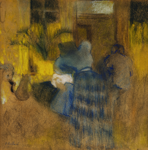 Interior Yellow and Blue, Cat and Child (pastel on paper)