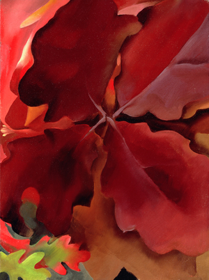 Four Dark Red Oak Leaves (oil on canvas)