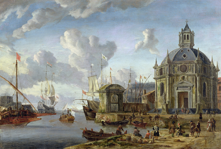 A capriccio Mediterranean harbour with a galley at anchor, 17th/18th century (oil on canvas)