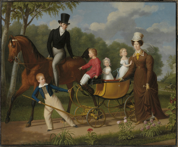 Portrait of a gentleman, said to be the Russian architect Voronikhin in the gounds of the Pavlovsk Palace, with his wife and children (oil on canvas)
