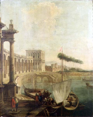 A capriccio,  harbour with figures loading a ferry