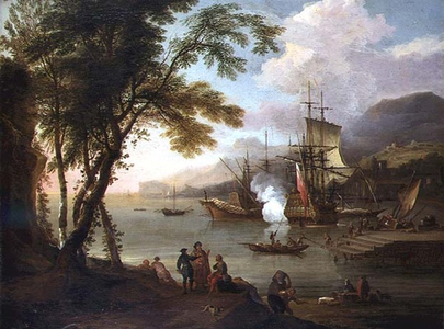 A capriccio of a Mediterranean harbour with shipping, merchants and dockhands