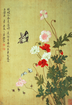 Poppies, Butterflies and Bees (ink and colour on silk)