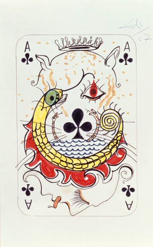 The Ace of Clubs, from a series of six designs for playing cards (felt-tip pen, pencil & pen on paper)