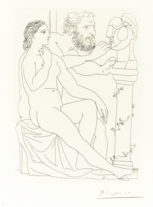 Sculptor, model and bust, plate 38 from 'La Suite Vollard', 1933 (etching on montval)