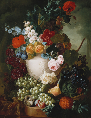 Roses, poppies and other flowers in a sculpted vase with fruit, a mouse and a bird's nest on a stone ledge (oil on panel)