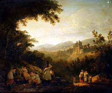 A Wooded Landscape with Washerwomen by a Fountain