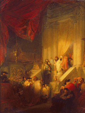 Reading of the law in a Synagogue (oil)