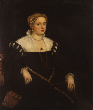 Portrait of a lady, three-quarter length, holding a mandolin (oil on canvas)