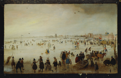 Skaters, golf players, elegant ladies and gentleman on frozen floodwaters by the Broederpoort at Kampen (oil on panel)