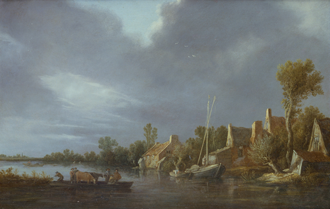 A Village by a River with Peasants and Cattle on a Ferry