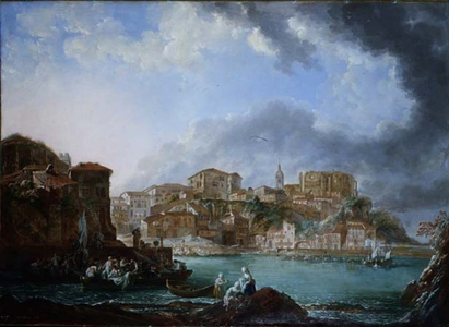 View of the harbour with figures in boats
