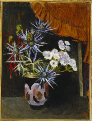Astrantia, Sea Holly & Fuchsia in a Painted Pot, c.1950 (oil on canvas)
