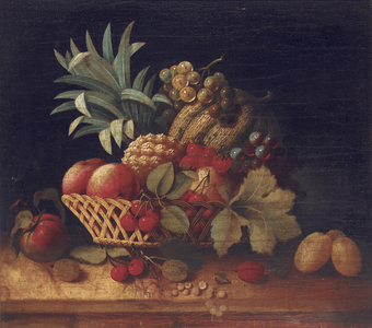 Grapes, plums, cherries, peaches, an apple, a pineapple, and a melon, in a wicker basket (oil on canvas)