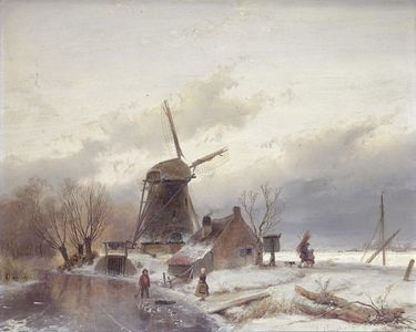 A Frozen River Landscape with a Windmill (oil on windmill)