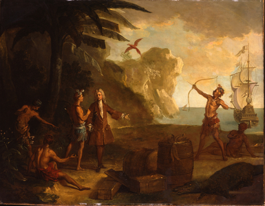 America - A European merchant negotiating with Native Americans for a barrel of tobacco and other goods, 1724 (oil on canvas)