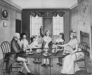 An interior with a lady and gentleman seated at a table with their four children standing beyond it, c.1780 (pen & black ink and w/c on paper)
