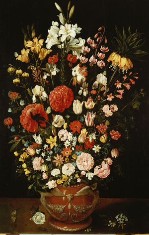 Tulips, lilies, irises, roses, carnations, peonies and other flowers in a sculpted terracotta urn (oil on panel)