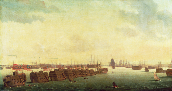 Prison Hulks in Portsmouth Harbour, 19th century (oil painting)