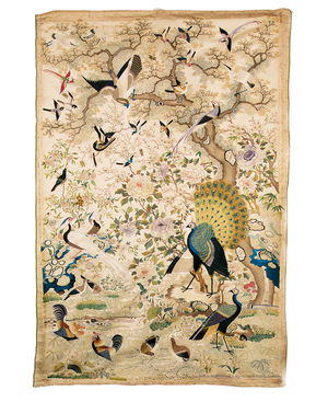 Embroidered panel with a pair of peacocks and numerous other birds beneath a gnarled tree with peonies and prunus blossom, Canton (silk)