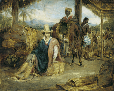 Interior of a Brazilian Rancho in the Province of Santa Paulo with a Travelling Merchant, his Slaves and Merchandise (oil on board)