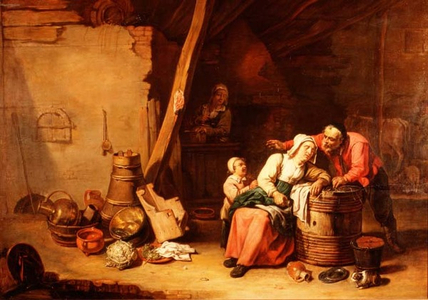 A Barn with a peasant rousing an old lady