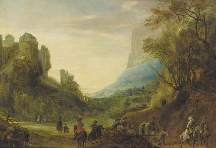 Alpine landscape with travellers in a valley (oil on panel)