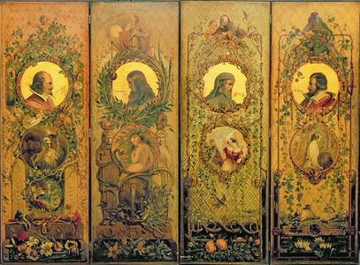 A four leaf screen with portraits of Shakespeare, Milton, Chaucer and Spenser (painted wood)