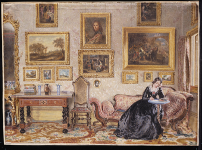 Interior of a Drawing Room with a Lady at her Writing Desk (watercolour & pencil on paper)