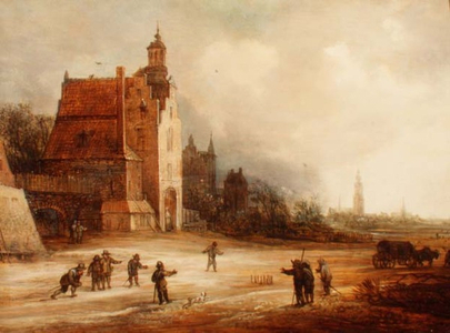Soldiers playing skittles on a road, Breda beyond