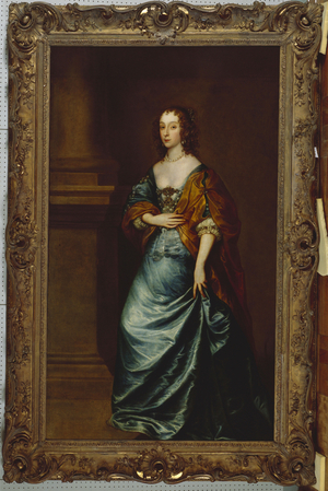 Portrait of Mary Villiers, Duchess of Lennox and Richmond, in a blue dress and brown wrap by a column (oil on canvas)