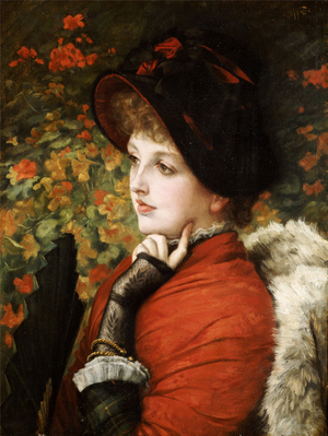 Type of Beauty: Portrait of Mrs. Kathleen Newton in a red dress and black bonnet, 1880 (oil on canvas)