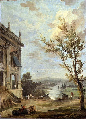 Capriccio Italianate landscape with the Capitoline Palazzo Nuovo and gentlefolk on a terrace, a river beyond
