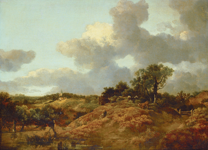A wooded landscape in Suffolk with cows and a herdsman, a village beyond