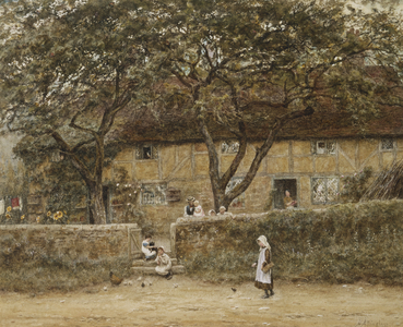 Children outside a Cottage (w/c with scratching out on paper)
