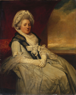 Portrait of Mrs. Uppleby, seated three-quarter length, wearing a white dress and bonnet with a black shawl (oil on canvas)