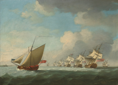 A squadron of the Red beating its way up the Channel with an Admiralty yacht inshore (oil on canvas)