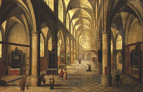 Interior of Cathedral with figures (oil on panel)