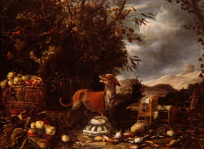 A hunting still life of dead birds, bird cages, fruit and a dog by a bower in a landscape