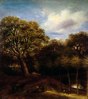 Wooded landscape with figures, sheep and oxen