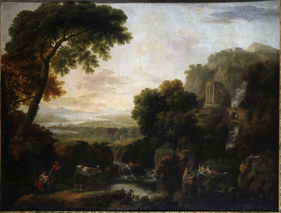 Italianate landscape with a capriccio view of Tivoli, a shepherd and shepherdess and cattle (oil on canvas)