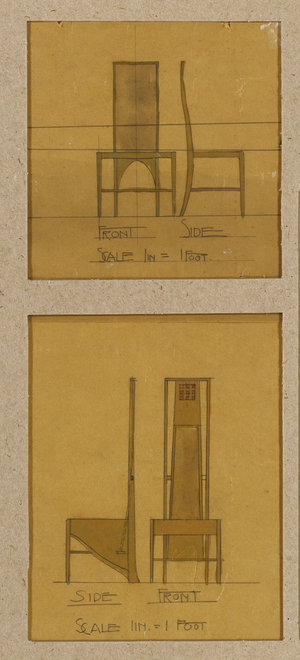 Designs for chairs shown in front and side elevations, for the Room de Luxe, Willow Tea Rooms, 1903 (pencil, watercolour & bodycolour on oiled tracing paper)