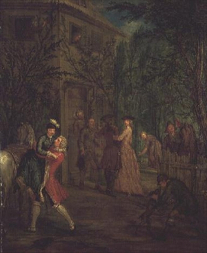 Elegant figures outside a house