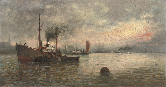 Unloading Cargo in a Harbour, 1871 (oil on canvas)
