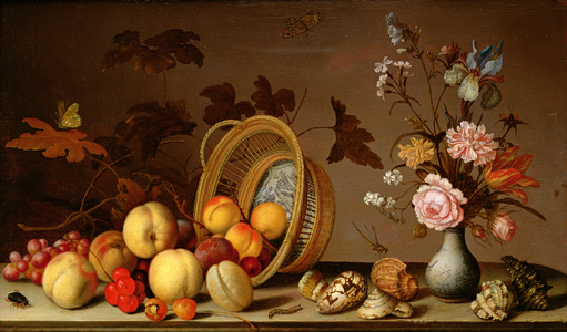 Apples, cherries, grapes, plums and a vase of flowers